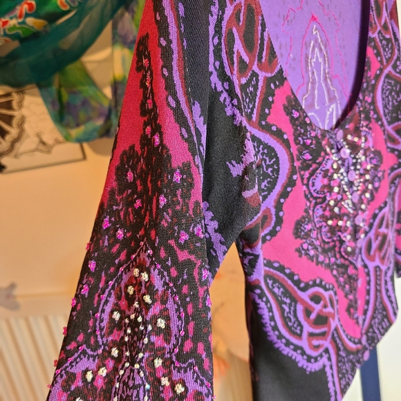 90s ๐ Betsey Johnson psychedelic funky button down 3/4 sleeves beaded cardigan! - Picture 11 of 12
